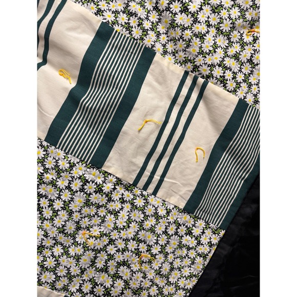Handmade Other - Handmade Patchwork Tied Quilt Floral Daisy Striped Cottagecore Black Green Cream